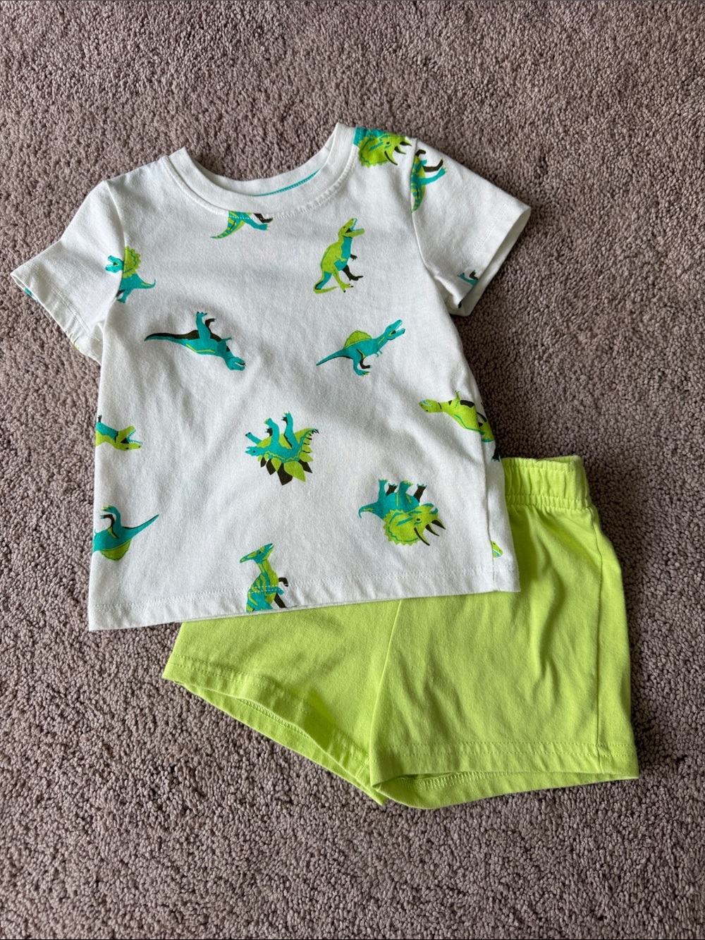 Cat & Jack White Tee with Neon Green Dinosaur Shorts Matching Set